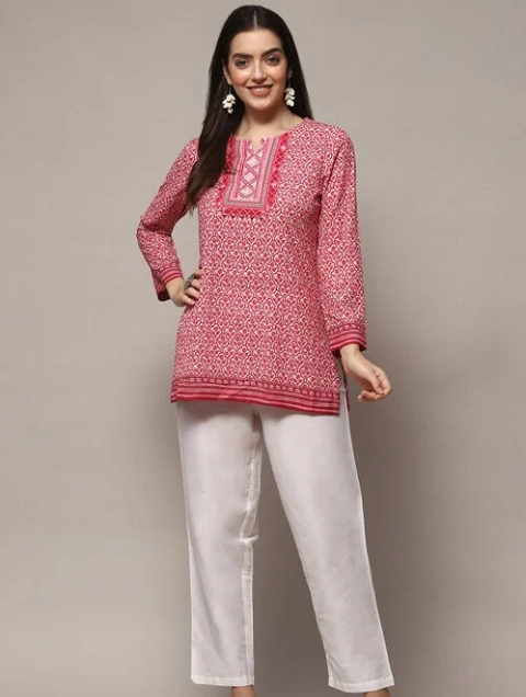 Pink Polyester Straight Kurti