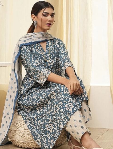 Blue Zig Zag Anarkali Suit Set 1